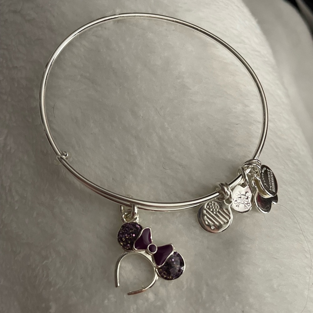Alex and Ani Purple Glitter Minnie Mouse Headband Silver Charm Bangle Bracelet